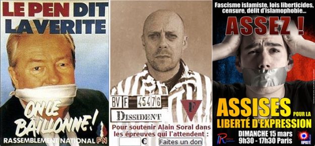 En haut : déjà dans les années 1980, Le Pen criait à la censure. Au milieu : Alain Soral insulte la mémoire des déportés à son seul profit. En bas : Riposte laïque assimile islamophobie et liberté d’expression.